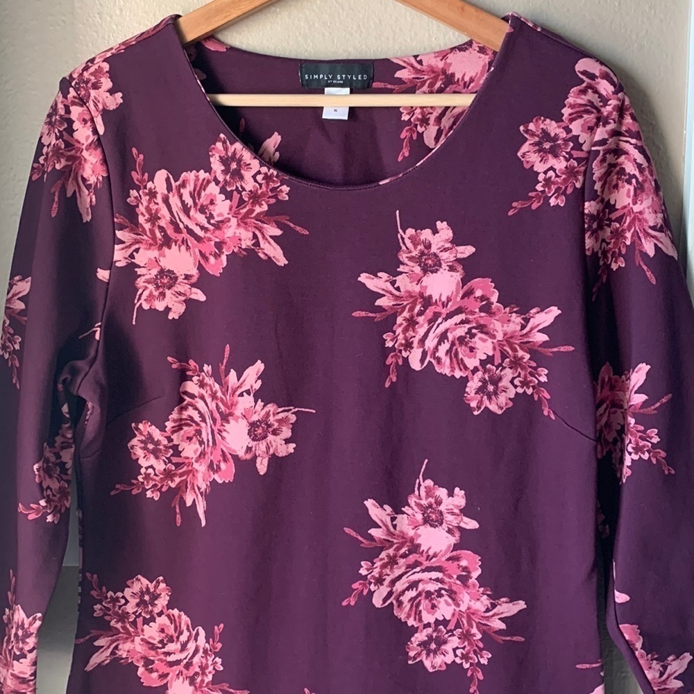 Purple Floral 3/4 Sleeve Midi Dress